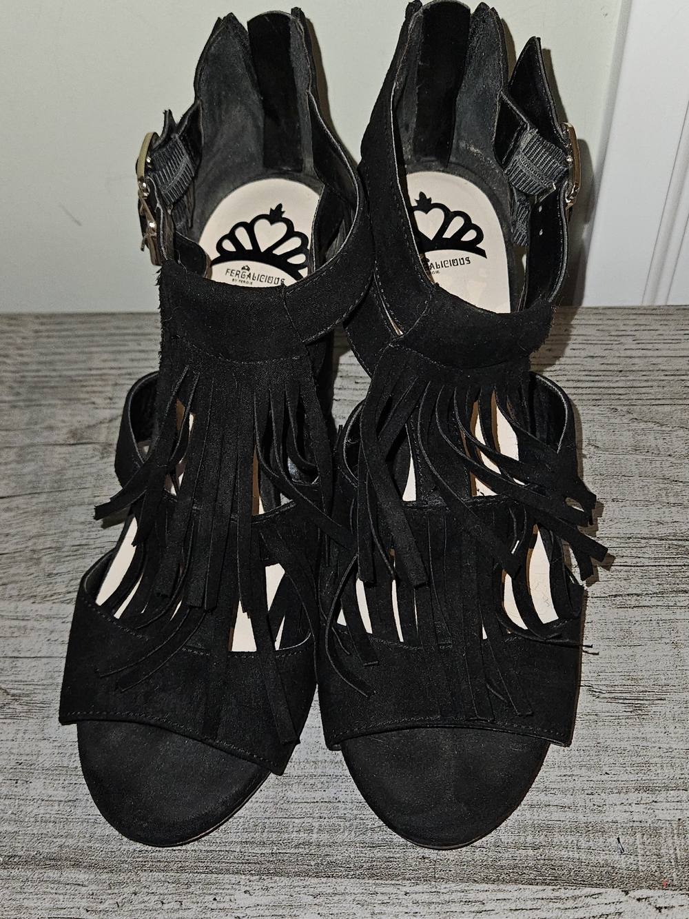 Fergalicious Black Suede Fringe Heeled Sandals